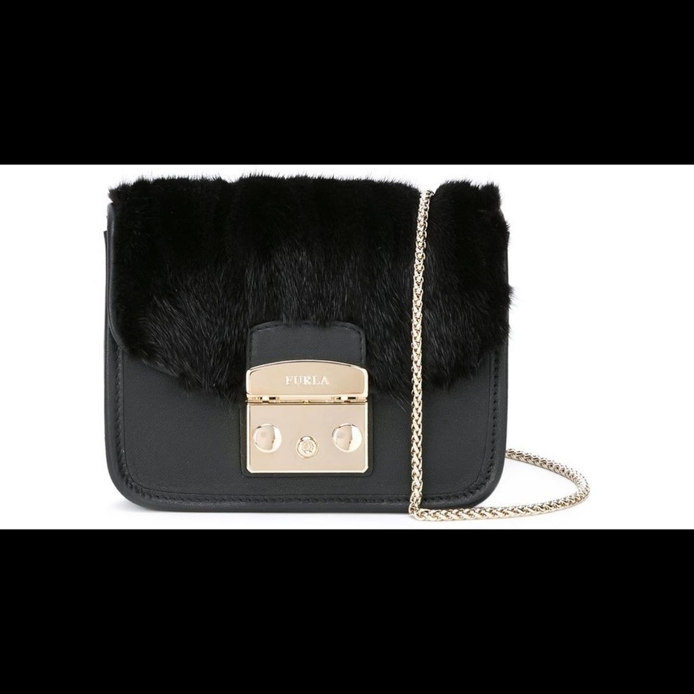NWT Furla Metropolis Black Faux Fur Crossbody Bag